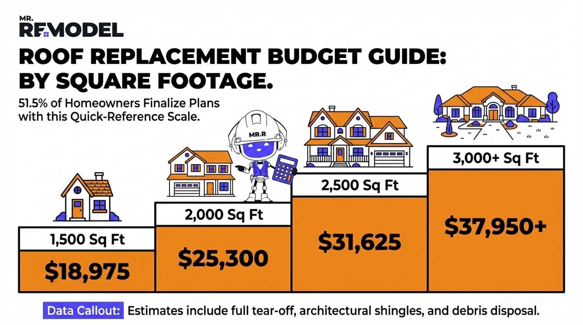 A 2026 home roofing cost infographic showing project estimates for common home sizes, ranging from $18,975 for 1,500 square feet to $37,950+ for homes over 3,000 square feet.